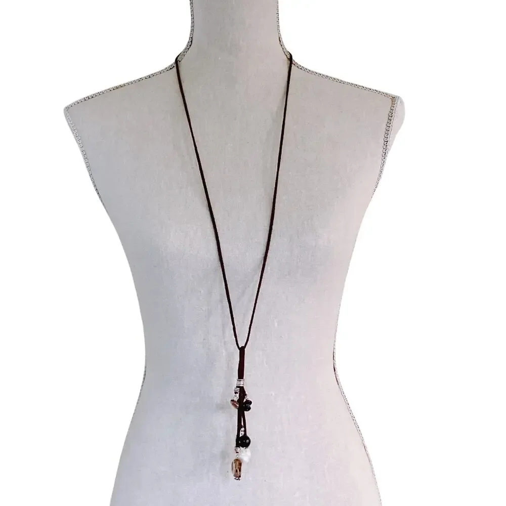 VTG Gemstone Freshwater Pearls Long Necklace Spinel Quartz Tourmaline Suede Boho